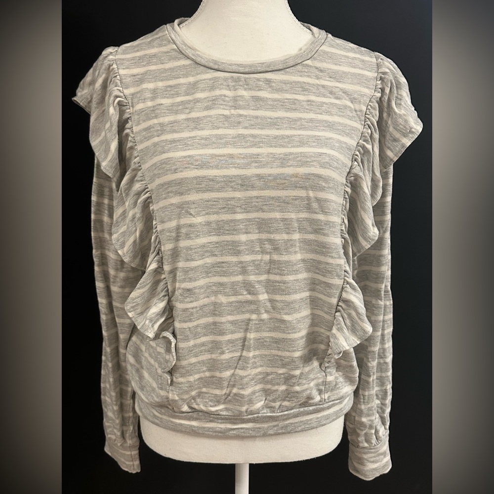 Express Gray and White Ruffled Long Sleeve Top